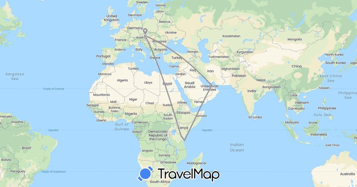 TravelMap itinerary: driving, plane in United Arab Emirates, Austria, Tanzania (Africa, Asia, Europe)